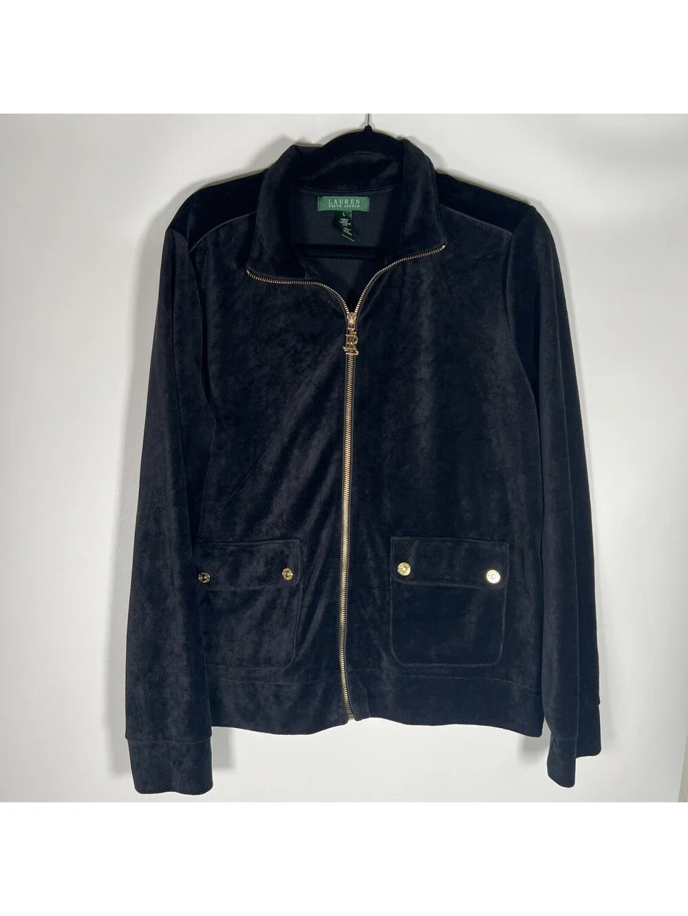 Lauren Ralph Lauren Velour Jacket Black Full Zip Gold Buttons Pockets-Women's L